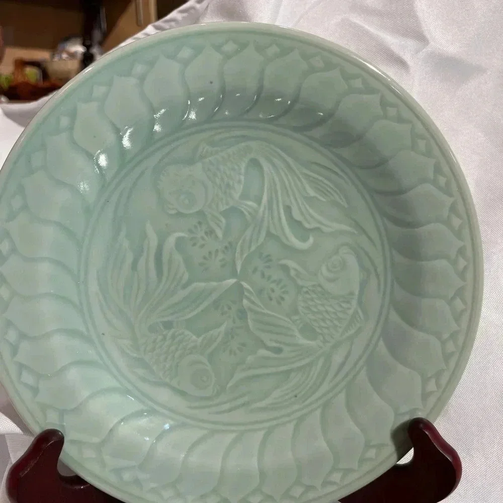 Vintage Celadon Seafoam Ceramic Koi Salad Plates